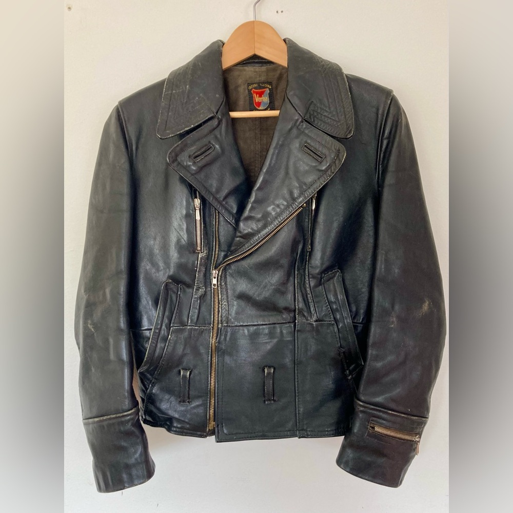 Vintage M 1956 Dutch Amsterdam Verha Black Leather Motorcycle Biker Jacket 1950s
